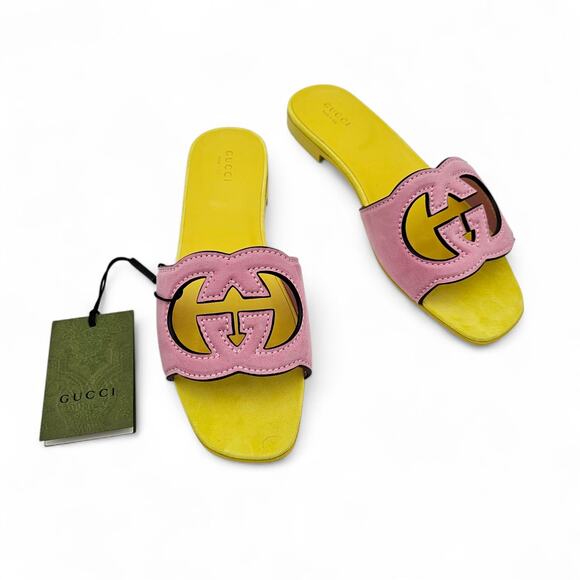 Gucci Shoes - Gucci GG Cut Out Slide Flat Sandal Yellow Pink Suede Leather Size 38.5 US 8.5